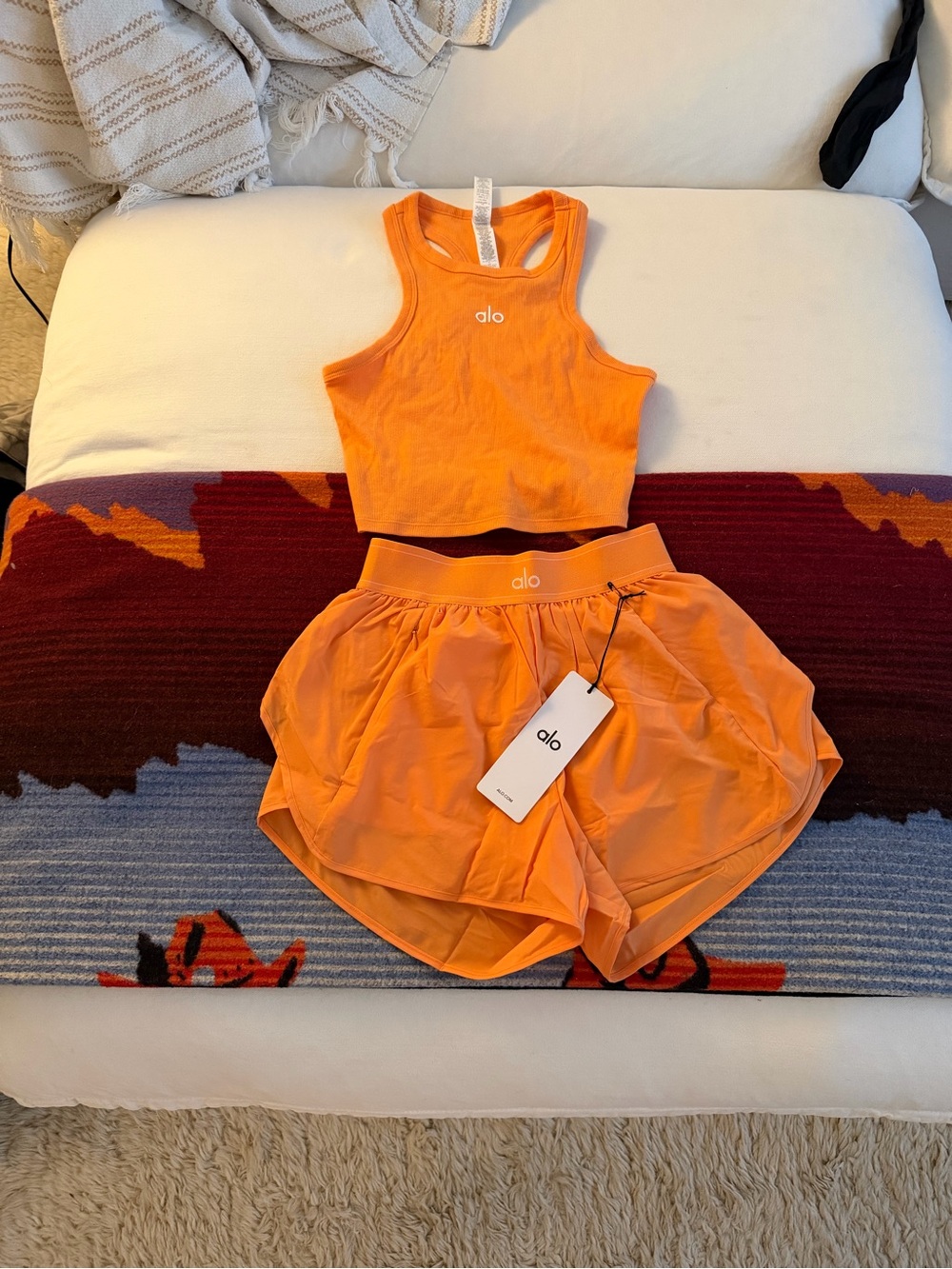 ALO Yoga Orange Athletic Split-Hem Shorts with Matching Crop Tank